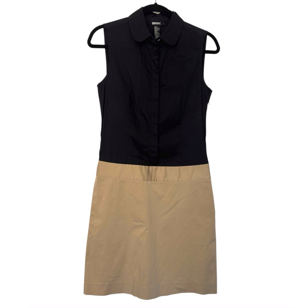 DKNY Button Down Drop Waist Sleeveless Dress Black & Tan